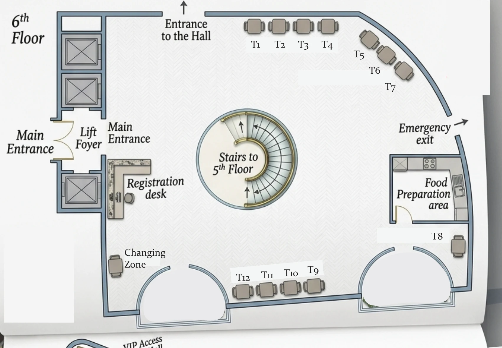 6th floor plan of the hall, showing stands T1 to T12